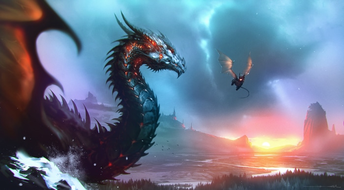 4K sunset over a snowy landscape with dragons