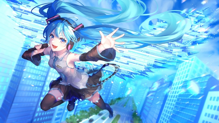 Hatsune Miku singing in a futuristic city