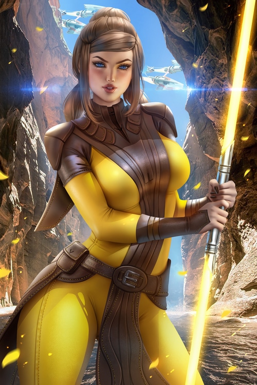 4K Star Wars fan art of Bastila Shan with yellow lightsaber