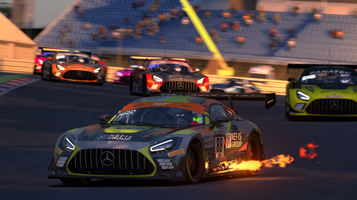 Mercedes-AMG GT race cars with flames on track