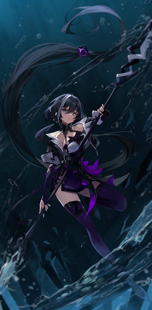 Anime girl with dark hair and purple accents holding a staff