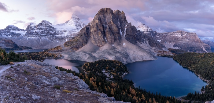 4K landscape of Mount Assiniboine with lakes and mountains
