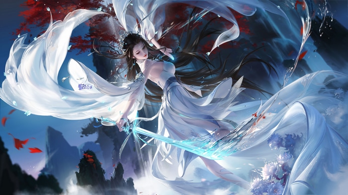 4K Woman in White Dress with Sword