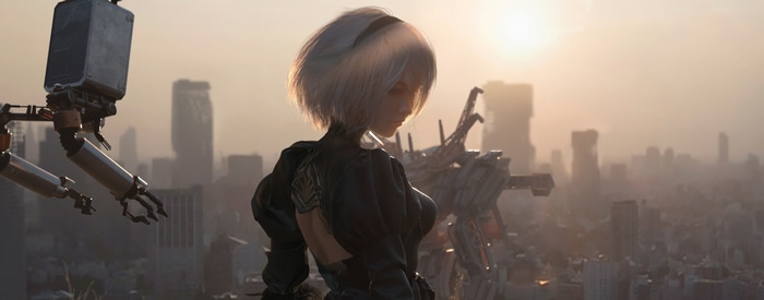 2B from Nier: Automata with a robot companion
