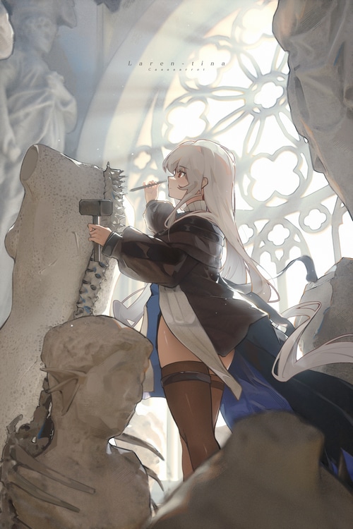 Skadi sculpting a statue in a cathedral