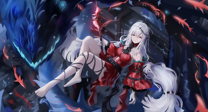4K Arknights character with a staff and creature
