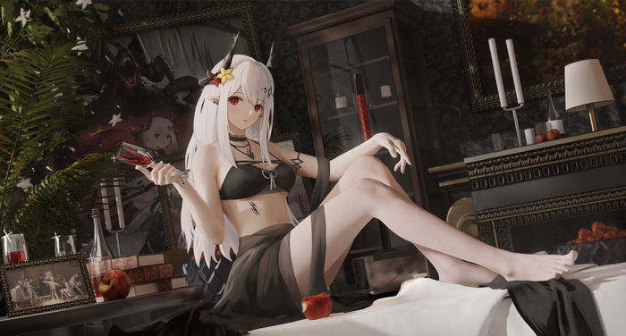 Arknights character with white hair holding wine