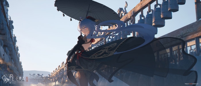 Genshin Impact Artwork of a Girl with Blue Hair and Umbrella