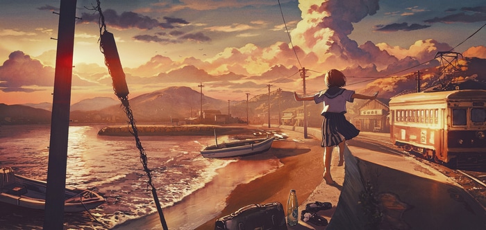 Schoolgirl on beach with tram at sunset