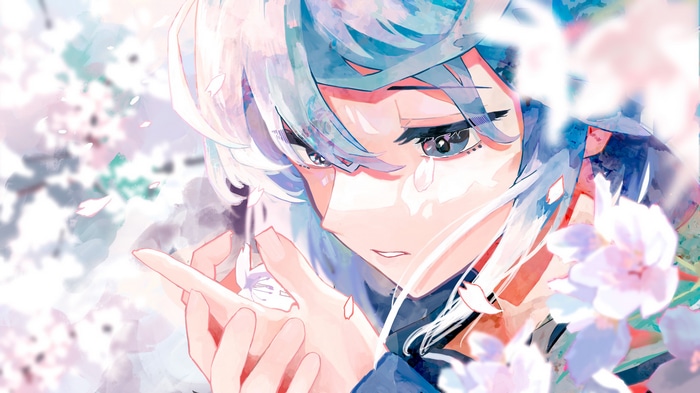 Artwork of a crying character with blue hair and petals