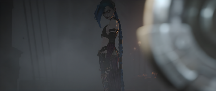 Jinx from Arcane with blue hair and braids