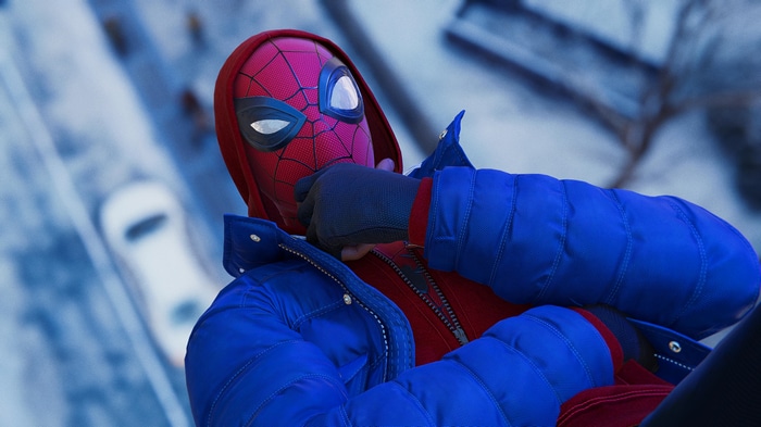 4K Spiderman Miles Morales in a Blue Puffer Jacket