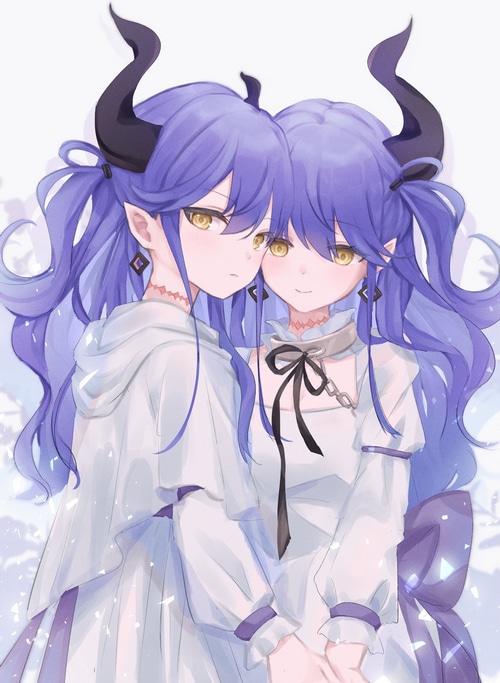 Two demon twin girls with purple hair and horns