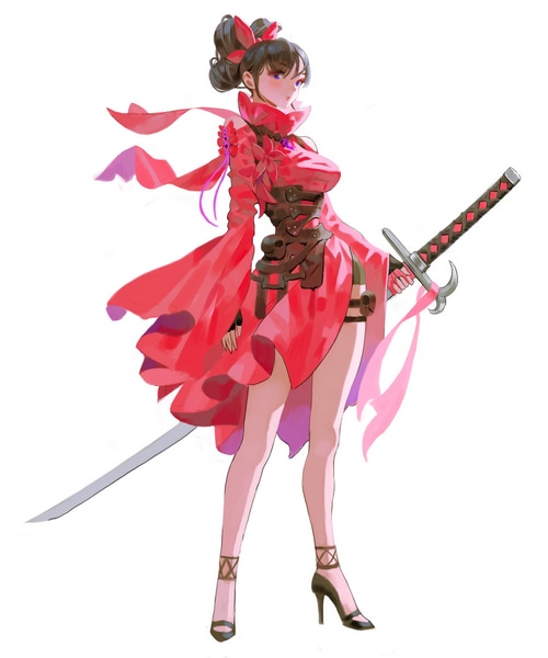 Woman in red dress holding a sword