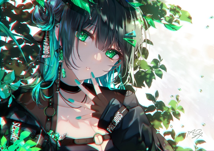 Anime girl with green eyes and black hair