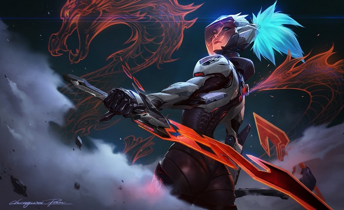 Akali with a cybernetic suit and glowing sword