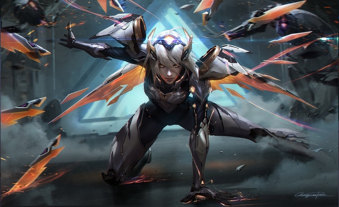Female warrior in futuristic armor with orange wings