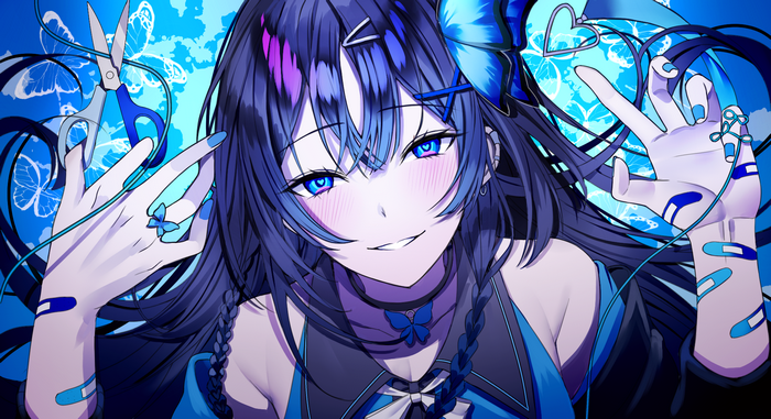 Anime girl with scissors and butterflies