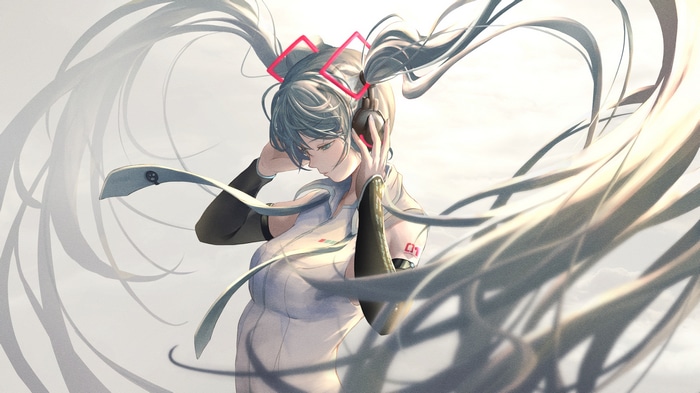 Hatsune Miku with headphones and long twintails