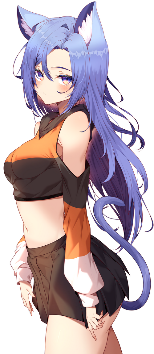 Cat girl with blue hair and cat ears, wearing a crop top and skirt