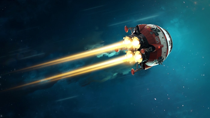 Futuristic spaceship with engines firing in space