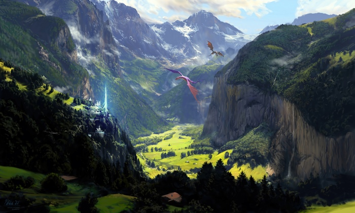 Fantasy Landscape 4K with Dragons and Mountains