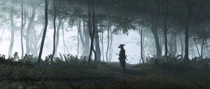 Ghost of Tsushima Samurai in a Misty Forest