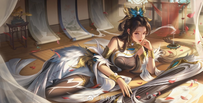 Video game art of a woman with a guqin