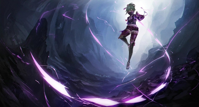 Kuki Shinobu in a cave with purple energy