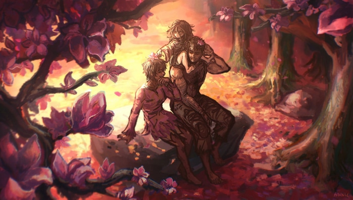 Guts and Casca with a child in a forest