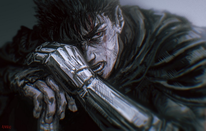 Guts from Berserk with a mechanical arm