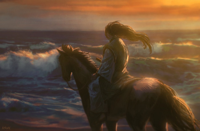 Man on horse by the sea at sunset