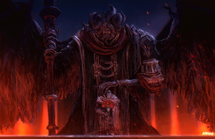 Elden Ring demon holding a bouquet of roses