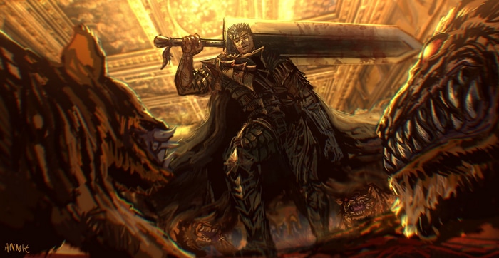 Guts from Berserk fighting monsters