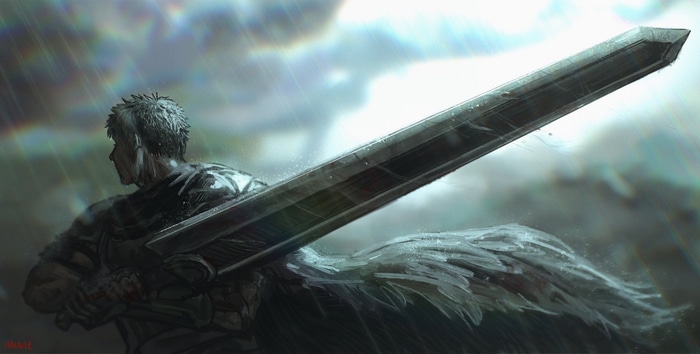 Guts from Berserk with a large sword in the rain