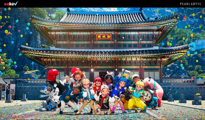 DokeV characters in front of a Korean temple