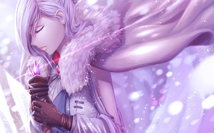 Weiss Schnee holding a crystal with snow falling