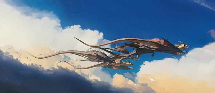 Fantasy art of dragons flying through clouds