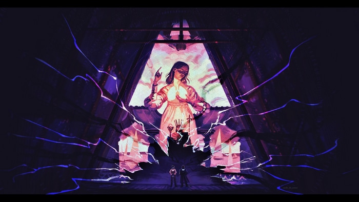 Disco Elysium: A woman in a dress with glowing lungs
