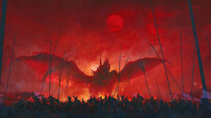 Dragon attacking an army under a blood moon