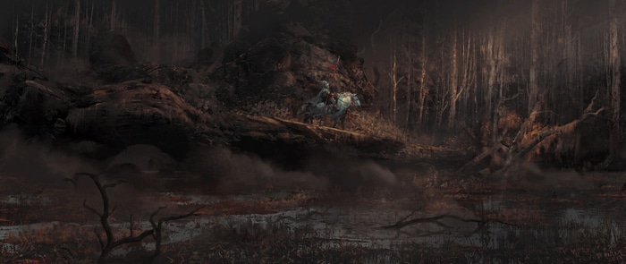 Knight on horseback in a dark, misty forest