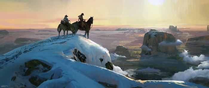 Cowboys on a snowy mountain overlooking a valley