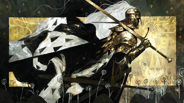 Golden Knight with Swords and Flowing Cape