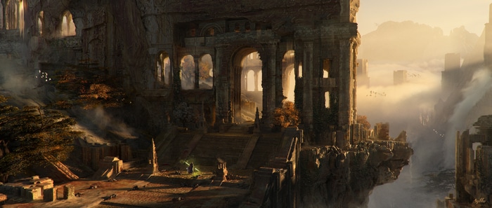 Fantasy ruins on a cliffside with a misty valley