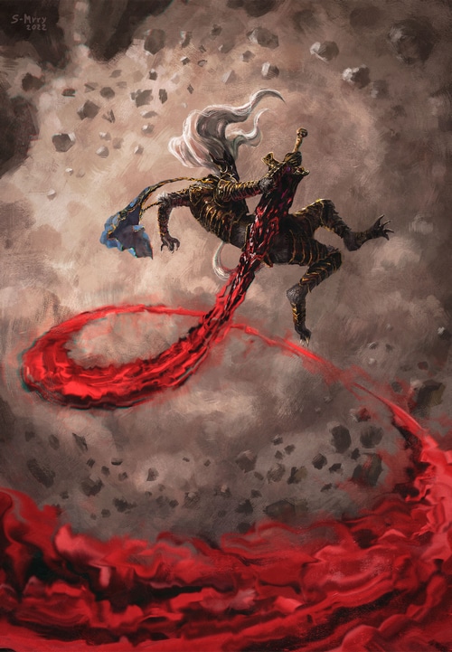 Maliketh from Elden Ring in a bloody aerial combat