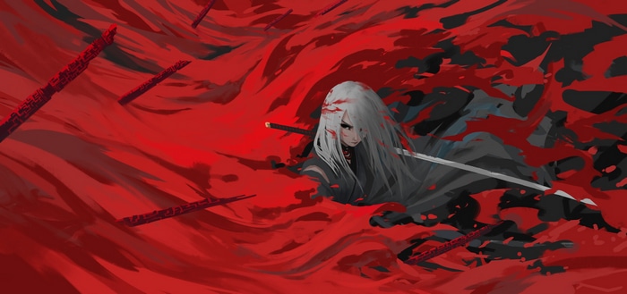 Anime girl with katana in red blood
