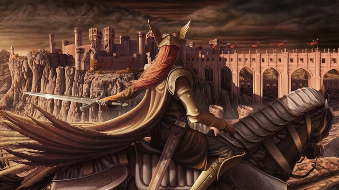 Melania on horseback before a castle in Elden Ring