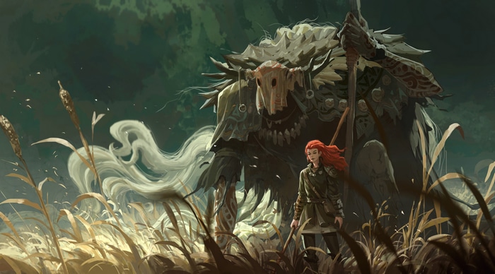 Fantasy art of a girl and a giant creature
