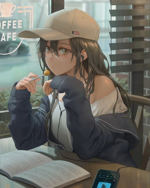 Anime girl with lollipop at a cafe
