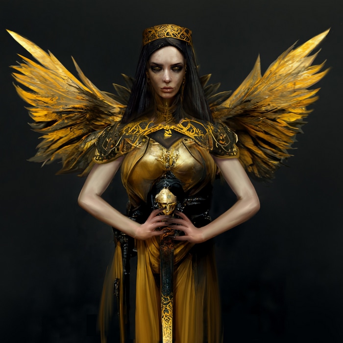 Fantasy woman with golden wings and sword